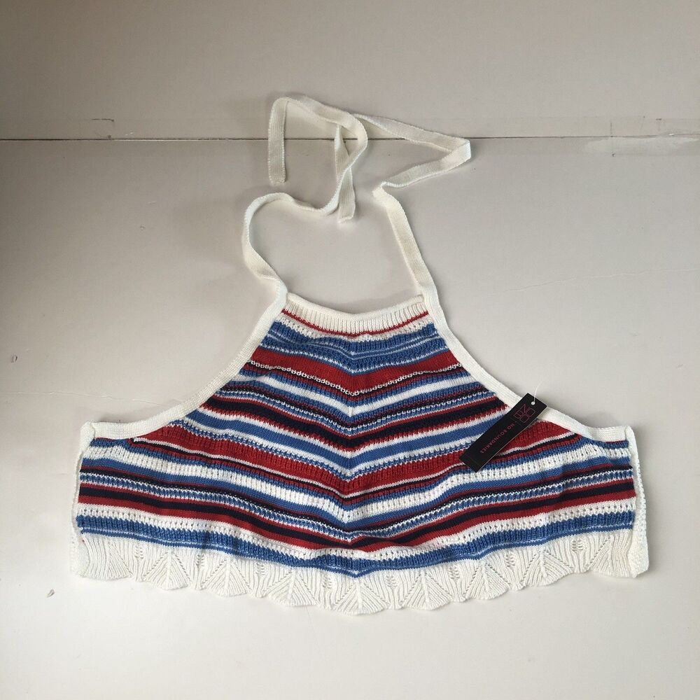 No Boundaries Striped Crochet Halter Crop Top Red White Blue Size Large NWT - Picture 4 of 15